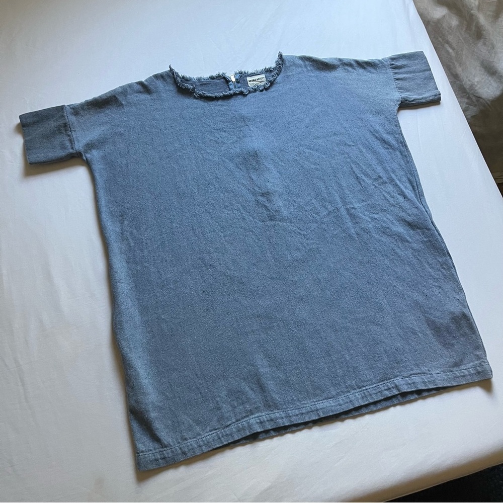 TRIBE ALIVE blue denim raw fray collar boxy lagenlook midi dress